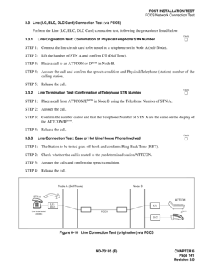 Page 156ND-70185 (E) CHAPTER 6
Page 141
Revision 3.0
POST INSTALLATION TEST
FCCS Network Connection Test
3.3 Line (LC, ELC, DLC Card) Connection Test (via FCCS)
Perform the Line (LC, ELC, DLC Card) connection test, following the procedures listed below.
3.3.1 Line Origination Test: Confirmation of Physical/Telephone STN Number
STEP 1: Connect the line circuit card to be tested to a telephone set in Node A (self-Node).
STEP 2: Lift the handset of STN A and confirm DT (Dial Tone).
STEP 3: Place a call to an ATTCON...