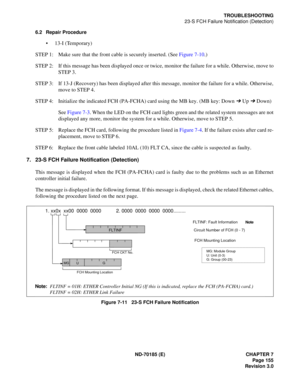 Page 170ND-70185 (E) CHAPTER 7
Page 155
Revision 3.0
TROUBLESHOOTING
23-S FCH Failure Notification (Detection)
6.2 Repair Procedure
 13-I (Temporary)
STEP 1: Make sure that the front cable is securely inserted. (See Figure 7-10.)
STEP 2: If this message has been displayed once or twice, monitor the failure for a while. Otherwise, move to
STEP 3.
STEP 3: If 13-J (Recovery) has been displayed after this message, monitor the failure for a while. Otherwise,
move to STEP 4.
STEP 4: Initialize the indicated FCH...