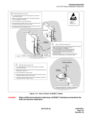 Page 172ND-70185 (E) CHAPTER 7Page 157
Revision 3.0
TROUBLESHOOTING
23-S FCH Failure Notification (Detection)
Figure 7-13   How to Check 10 BASE-T Cables
WARNING:
When a HUB card is placed in make-busy, all BASE-T interfaces connected to the 
HUB card become inoperative.
ATTENTIONContents 
Static Sensitive
Handling
Precautions  Required
2
MBOPE
10 BASE-T
: 10 BASE-T cable
Unplug and plug the  modular connector
MB MB
         HUB-HUB Cable Connection Test


 
1) Turn ON the MNT switch of the FCH cards which are...