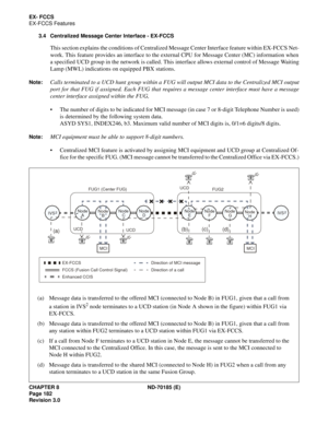 Page 197CHAPTER 8 ND-70185 (E)
Page 182
Revision 3.0
EX- FCCS
EX-FCCS Features
3.4 Centralized Message Center Interface - EX-FCCS
This section explains the conditions of Centralized Message Center Interface feature within EX-FCCS Net-
work. This feature provides an interface to the external CPU for Message Center (MC) information when
a specified UCD group in the network is called. This interface allows external control of Message Waiting
Lamp (MWL) indications on equipped PBX stations.
Note:Calls terminated to...