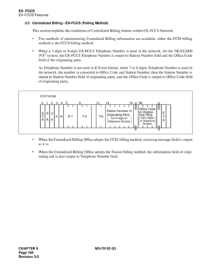 Page 199CHAPTER 8 ND-70185 (E)
Page 184
Revision 3.0
EX- FCCS
EX-FCCS Features
3.5 Centralized Billing - EX-FCCS (Polling Method)
This section explains the conditions of Centralized Billing feature within EX-FCCS Network.
 Two methods of administering Centralized Billing information are available: either the CCIS billing
method or the FCCS billing method.
 When a 7-digit or 8-digit EX-FCCS Telephone Number is used in the network, for the NEAX2000
IVS
2 system, the EX-FCCS Telephone Number is output to Station...