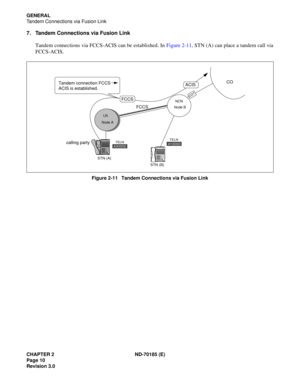 Page 25CHAPTER 2 ND-70185 (E)
Page 10
Revision 3.0
GENERAL
Tandem Connections via Fusion Link
7. Tandem Connections via Fusion Link
Tandem connections via FCCS-ACIS can be established. In Figure 2-11, STN (A) can place a tandem call via
FCCS-ACIS.
Figure 2-11   Tandem Connections via Fusion Link
430000TELN410000TELN


............................................................
STN (B) STN (A)


............................................................
LN
Node A
CO
FCCS
Node BNCN
COT
Tandem connection FCCS...
