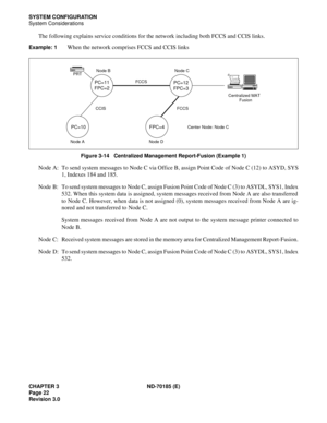 Page 37CHAPTER 3 ND-70185 (E)
Page 22
Revision 3.0
SYSTEM CONFIGURATION
System Considerations
The following explains service conditions for the network including both FCCS and CCIS links.
Example: 1When the network comprises FCCS and CCIS links
Figure 3-14   Centralized Management Report-Fusion (Example 1)
Node A: To send system messages to Node C via Office B, assign Point Code of Node C (12) to ASYD, SYS
1, Indexes 184 and 185.
Node  B: To send system messages to Node C, assign Fusion Point Code of Node C (3)...