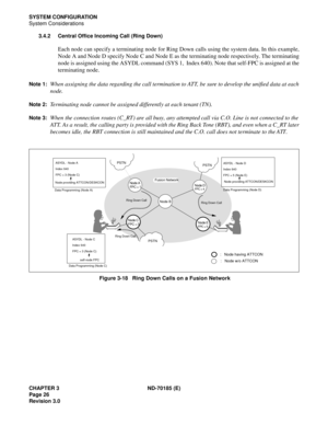 Page 41CHAPTER 3 ND-70185 (E)
Page 26
Revision 3.0
SYSTEM CONFIGURATION
System Considerations
3.4.2 Central Office Incoming Call (Ring Down)
Each node can specify a terminating node for Ring Down calls using the system data. In this example,
Node A and Node D specify Node C and Node E as the terminating node respectively. The terminating
node is assigned using the ASYDL command (SYS 1,  Index 640). Note that self-FPC is assigned at the
terminating node.
Note 1:When assigning the data regarding the call...