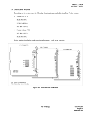 Page 46ND-70185 (E) CHAPTER 4
Page 31
Revision 3.0
INSTALLATION
Anti-Static Caution
1.1 Circuit Cards Required
Depending on the system type, the following circuit cards are required to install the Fusion system:
 Fusion with FCH
HUB (PA-M96)
FCH (PA-FCHA)
DTI (PA-24DTR)
 Fusion without FCH
DTI (PA-24DTR)
HUB (PA-M96)
Before starting installation, make sure that all necessary cards are at your site.
Figure 4-3   Circuit Cards for Fusion
4C026A12
34
OFF
12
34
567
8
OFF
12
34
5
67
8
OFF
12
34
567
8
OFF
1
234...