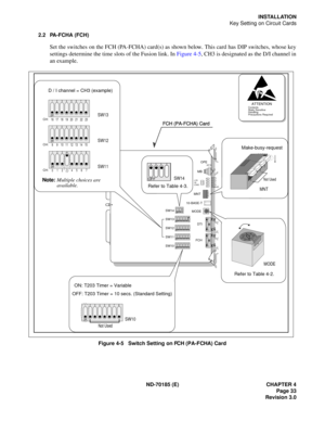 Page 48ND-70185 (E) CHAPTER 4
Page 33
Revision 3.0
INSTALLATION
Key Setting on Circuit Cards
2.2 PA-FCHA (FCH)
Set the switches on the FCH (PA-FCHA) card(s) as shown below. This card has DIP switches, whose key
settings determine the time slots of the Fusion link. In Figure 4-5, CH3 is designated as the D/I channel in
an example.
Figure 4-5   Switch Setting on FCH (PA-FCHA) Card
4C026AE

12
34
OFF
12
34
567
8
OFF
12
34
5
67
8
OFF
12
34
567
8
OFF
1
234
567
8
OFF

12
34
OFF
12
34
567
8
OFF
12
34
5
67
8
OFF
12...