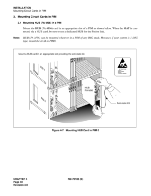 Page 55CHAPTER 4 ND-70185 (E)
Page 40
Revision 3.0
INSTALLATION
Mounting Circuit Cards in PIM
3. Mounting Circuit Cards in PIM
3.1 Mounting HUB (PA-M96) in a PIM
Mount the HUB (PA-M96) card in an appropriate slot of a PIM as shown below. When the MAT is con-
nected via a HUB card, be sure to use a dedicated HUB for the Fusion link.
Note:HUB (PA-M96) can be mounted wherever in a PIM of any IMG stack. However, if your system is 1-IMG
type, mount the HUB in PIM0.
Figure 4-7   Mounting HUB Card in PIM 0...