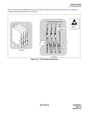 Page 58ND-70185 (E) CHAPTER 4
Page 43
Revision 3.0
INSTALLATION
Connecting Cables
Since a maximum of five Handler circuits can be used, five FCH cards can be cascaded. Figure 4-10 shows an 
example where three FCH cards are cascaded.
Figure 4-10   FCH Cascade Connections
ATTENTIONContents
Static Sensitive
Handling
Precautions Required
Since a maximum of five  Handler circuits can be used, five FCH cards can be cascaded.  This figure shows an example where three 
FCH cards are cascaded.  

222
DTI
CN2
FCH...