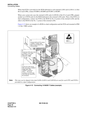 Page 63CHAPTER 4 ND-70185 (E)
Page 48
Revision 3.0
INSTALLATION
Connecting Cables
When dual FCH is provided for the HUB dedicated to each internal LANI card (LANI-A: in Slot
00 of each CPR), connect FCH#0 to HUB#0 and FCH#1 to HUB#1.
When your system also uses the external LANI cards (LANI-B in Slot 03 of each CPR), prepare
another set of FCH cards for the HUB dedicated to the external LANI cards. Then, if the FCH is in
dual configuration, connect one FCH to the HUB for No. 0 system of the external LANI, and...