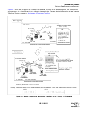 Page 76ND-70185 (E) CHAPTER 5
Page 61
Revision 3.0
DATA PROGRAMMING
Network Data Programming Summary
Figure 5-3 shows how to upgrade an existing CCIS network, focusing on the Numbering Plan. The example data 
setting assumes the existing network uses this particular numbering. For more detailed information on how to assign 
Telephone Numbers, please see Assignment of Telephone Numbers.
Figure 5-3   How to Upgrade the Numbering Plan Data of an Existing CCIS Network

Before Upgrading
STN: 2000
A
CB
80

82
81...