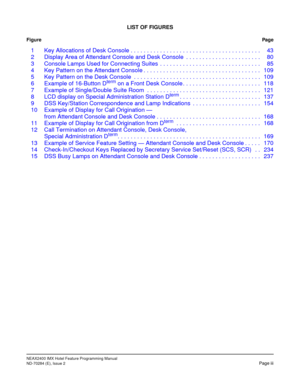 Page 9NEAX2400 IMX Hotel Feature Programming Manual
ND-70284 (E), Issue 2Page iii
LIST OF FIGURES
FigurePag e
1 Key Allocations of Desk Console . . . . . . . . . . . . . . . . . . . . . . . . . . . . . . . . . . . . . . . .  43
2 Display Area of Attendant Console and Desk Console  . . . . . . . . . . . . . . . . . . . . . . .  80
3 Console Lamps Used for Connecting Suites  . . . . . . . . . . . . . . . . . . . . . . . . . . . . . . .  85
4 Key Pattern on the Attendant Console . . . . . . . . . . . . . . . . ....