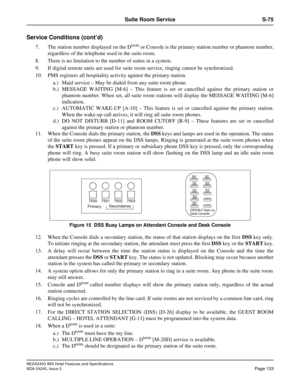 Page 145NEAX2400 IMX Hotel Features and Specifications
NDA-24245, Issue 2
Page 133
Suite Room Service S-75
Service Conditions (cont’d)
7. The station number displayed on the Dterm or Console is the primary station number or phantom number,
regardless of the telephone used in the suite room.
8. There is no limitation to the number of suites in a system.
9. If digital remote units are used for suite room service, ringing cannot be synchronized.
10. PMS registers all hospitality activity against the primary...