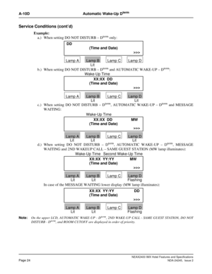 Page 36NEAX2400 IMX Hotel Features and Specifications
Page 24NDA-24245,  Issue 2
A-10D Automatic Wake-Up Dterm
Service Conditions (cont’d)
Example:
a.) When setting DO NOT DISTURB – Dterm only:
b.) When setting DO NOT DISTURB – D
term and AUTOMATIC WAKE-UP – Dterm:
c.) When setting DO NOT DISTURB – D
term, AUTOMATIC WAKE-UP – Dterm and MESSAGE
WAITING:
d.) When setting DO NOT DISTURB – D
term, AUTOMATIC WAKE-UP – Dterm, MESSAGE
WAITING and 2ND WAKEUP CALL – SAME GUEST STATION (MW lamp illuminates):
In case of...