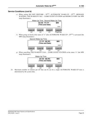 Page 37NEAX2400 IMX Hotel Features and Specifications
NDA-24245,  Issue 2
Page 25
Automatic Wake-Up DtermA-10D
Service Conditions (cont’d)
e.) When setting DO NOT DISTURB – Dterm, AUTOMATIC WAKE-UP – Dterm, MESSAGE
WAITING, 2ND WAKEUP CALL – SAME GUEST STATION and ROOM CUTOFF (the MW
lamp illuminates):
f.) When going on-hook at the status of “e” after AUTOMATIC WAKE-UP – D
term is activated (the
MW lamp illuminates):
g.) When cancelling 2ND WAKEUP CALL – SAME GUEST STATION at the status “e” (the MW
lamp...