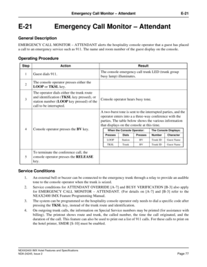 Page 89NEAX2400 IMX Hotel Features and Specifications
NDA-24245, Issue 2
Page 77
Emergency Call Monitor – Attendant E-21
E-21   Emergency Call Monitor – Attendant
General Description
EMERGENCY CALL MONITOR – ATTENDANT alerts the hospitality console operator that a guest has placed
a call to an emergency service such as 911. The name and room number of the guest display on the console.
Operating Procedure
Service Conditions
1. An external bell or buzzer can be connected to the emergency trunk through a relay to...