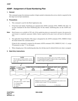 Page 106CHAPTER 4 NDA-24288
Page 94
Revision 1.0
AGNP
AGNP:  Assignment of Guest Numbering Plan
1. General
This command assigns the minimum number of digits needed to determine the service which is required for the
first digit received (pre-translation).
2. Precautions
1. This command is used for the Hotel Application only.
2. If the Guest and Admin. Numbering are separated (the ASYD command, SYS1, INDEX 160, bit6 = 0),
use this command for the Guest Numbering plan. For the Admin. numbering plan, use the AANP...