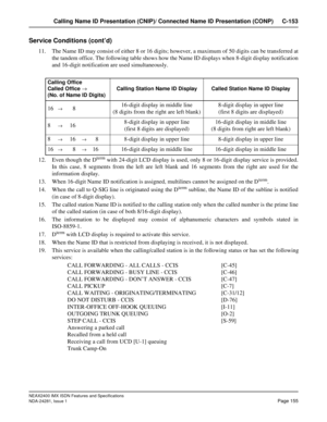 Page 171NEAX2400 IMX ISDN Features and Specifications
NDA-24281, Issue 1
Page 155
Calling Name ID Presentation (CNIP)/ Connected Name ID Presentation (CONP) C-153
Service Conditions (cont’d)
11. The Name ID may consist of either 8 or 16 digits; however, a maximum of 50 digits can be transferred at
the tandem office. The following table shows how the Name ID displays when 8-digit display notification
and 16-digit notification are used simultaneously.
12. Even though the D
term with 24-digit LCD display is used,...