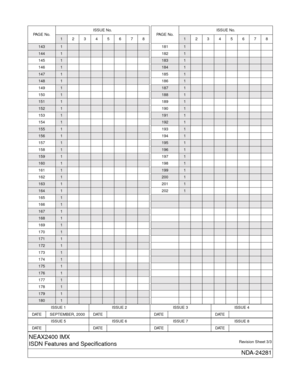 Page 5ISSUE 1 ISSUE 2 ISSUE 3 ISSUE 4
DATE SEPTEMBER, 2000 DATE DATE DATE
ISSUE 5 ISSUE 6 ISSUE 7 ISSUE 8
DAT E DATE DAT E DAT E
NEAX2400 IMX
ISDN Features and SpecificationsRevision Sheet 3/3
NDA-24281
1431
1441
1451
146
1
1471
1481
1491
150
1
1511
1521
1531
154
1
1551
1561
1571
158
1
1591
1601
1611
162
1
1631
1641
1651
166
1
1671
1681
1691
170
1
1711
1721
1731
174
1
1751
1761
1771
178
1
1791
1801
PA G E  N o .ISSUE No.12345678
1811
182
1
1831
1841
1851
186
1
1871
1881
1891
190
1
1911
1921
1931
194
1
1951...