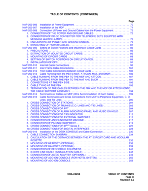 Page 13NDA-24234 TABLE OF CONTENTS
Page iii
Revision 3.0
TABLE OF CONTENTS  (CONTINUED)
Page
NAP-200-006 Installation of Power Equipment . . . . . . . . . . . . . . . . . . . . . . . . . . . . . . . . . . . . . . . . .  70
NAP-200-007 Installation of the MDF  . . . . . . . . . . . . . . . . . . . . . . . . . . . . . . . . . . . . . . . . . . . . . . . .  71
NAP-200-008 Connection of Power and Ground Cables from the Power Equipment . . . . . . . . . . . .  72
1. CONNECTION OF THE POWER AND GROUND CABLES  . . . ....