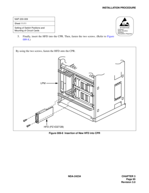 Page 125NDA-24234 CHAPTER 3
Page 95
Revision 3.0
INSTALLATION PROCEDURE
5. Finally, insert the HFD into the CPR. Then, fasten the two screws. (Refer to Figure
009-8.)
Figure 009-8  Insertion of New HFD into CPR
NAP-200-009
Sheet 11/11
Setting of Switch Positions and 
Mounting of Circuit Cards
ATTENTIONContents
Static Sensitive
Handling
Precautions Required
LPM
HFD (PZ-IO27/28)
By using the two screws, fasten the HFD onto the CPR. 