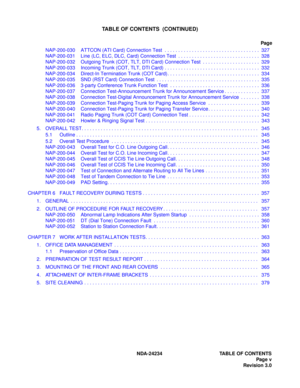 Page 15NDA-24234 TABLE OF CONTENTS
Page v
Revision 3.0
TABLE OF CONTENTS  (CONTINUED)
Page
NAP-200-030 ATTCON (ATI Card) Connection Test  . . . . . . . . . . . . . . . . . . . . . . . . . . . . . . . . . . .  327
NAP-200-031 Line (LC, ELC, DLC, Card) Connection Test  . . . . . . . . . . . . . . . . . . . . . . . . . . . . . .  328
NAP-200-032 Outgoing Trunk (COT, TLT, DTI Card) Connection Test  . . . . . . . . . . . . . . . . . . . . .  329
NAP-200-033 Incoming Trunk (COT, TLT, DTI Card) . . . . . . . . . . . ....