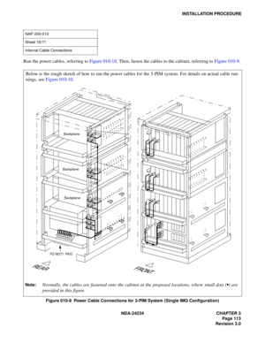 Page 143NDA-24234 CHAPTER 3
Page 113
Revision 3.0
INSTALLATION PROCEDURE
Run the power cables, referring to Figure 010-10. Then, fasten the cables to the cabinet, referring to Figure 010-9.
Figure 010-9  Power Cable Connections for 3-PIM System (Single IMG Configuration)
NAP-200-010
Sheet 18/71
Internal Cable Connections
Below is the rough sketch of how to run the power cables for the 3-PIM system. For details on actual cable run-
nings, see Figure 010-10.
Note:Normally, the cables are fastened onto the cabinet...