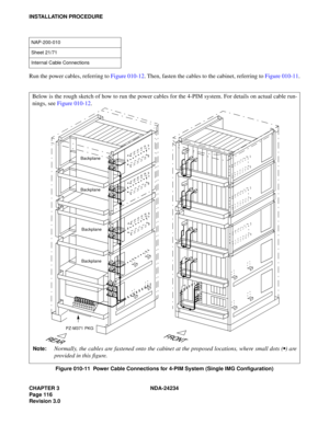 Page 146CHAPTER 3 NDA-24234
Page 116
Revision 3.0
INSTALLATION PROCEDURE
Run the power cables, referring to Figure 010-12. Then, fasten the cables to the cabinet, referring to Figure 010-11.
Figure 010-11  Power Cable Connections for 4-PIM System (Single IMG Configuration)
NAP-200-010
Sheet 21/71
Internal Cable Connections 
Below is the rough sketch of how to run the power cables for the 4-PIM system. For details on actual cable run-
nings, see Figure 010-12.
Note:Normally, the cables are fastened onto the...