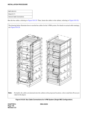 Page 176CHAPTER 3 NDA-24234
Page 146
Revision 3.0
INSTALLATION PROCEDURE
Run the bus cables, referring to Figure 010-29. Then, fasten the cables to the cabinet, referring to Figure 010-28.
Figure 010-28  Bus Cable Connections for 4-PIM System (Single IMG Configuration)
NAP-200-010
Sheet 51/71
Internal Cable Connections 
The drawing below illustrates how to run the bus cables for the 3-PIM system. For details on actual cable runnings,
see Figure 010-29.
Note:Normally, the cables are fastened onto the cabinet at...