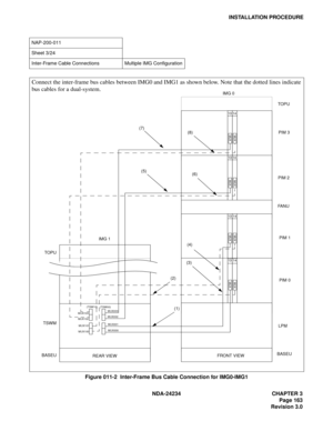 Page 193NDA-24234 CHAPTER 3
Page 163
Revision 3.0
INSTALLATION PROCEDURE
Figure 011-2  Inter-Frame Bus Cable Connection for IMG0-IMG1
NAP-200-011
Sheet 3/24
Inter-Frame Cable Connections Multiple IMG Configuration
Connect the inter-frame bus cables between IMG0 and IMG1 as shown below. Note that the dotted lines indicate
bus cables for a dual-system.
BASEU
BASEUTSWMPIM 0 PIM 1 FA N UPIM 2
FRONT VIEW
REAR VIEWLPM PIM 3 TO P U
13
MUX
14
MUX
1314
1314
1314
TOPU
(4)(6) (5)(8) (7)
(3)
(2)
(1)
IMG 1IMG 0
MUXMUX...