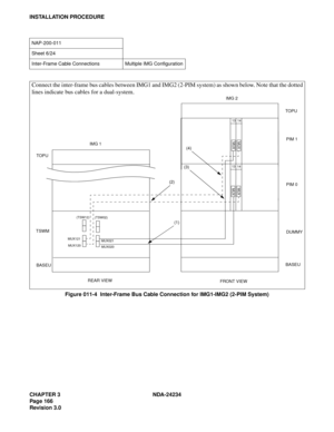 Page 196CHAPTER 3 NDA-24234
Pag e 16 6
Revision 3.0
INSTALLATION PROCEDURE
Figure 011-4  Inter-Frame Bus Cable Connection for IMG1-IMG2 (2-PIM System)
NAP-200-011
Sheet 6/24
Inter-Frame Cable Connections Multiple IMG Configuration
Connect the inter-frame bus cables between IMG1 and IMG2 (2-PIM system) as shown below. Note that the dotted
lines indicate bus cables for a dual-system.
IMG 1IMG 2
TOPU
TSWM
BASEUDUMMY
REAR VIEW
FRONT VIEWTO P U
BASEU (1) (2)
MUX120
MUX020 (TSW12)
(TSW02)
1314
MUX MUXPIM 0 PIM 1
13...