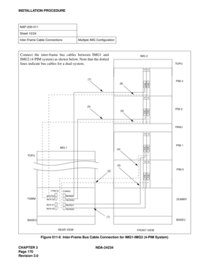 Page 200CHAPTER 3 NDA-24234
Pag e 17 0
Revision 3.0
INSTALLATION PROCEDURE
Figure 011-6  Inter-Frame Bus Cable Connection for IMG1-IMG2 (4-PIM System)
NAP-200-011
Sheet 10/24
Inter-Frame Cable Connections  Multiple IMG Configuration
Connect the inter-frame bus cables between IMG1 and
IMG2 (4-PIM system) as shown below. Note that the dotted
lines indicate bus cables for a dual-system.
IMG 1IMG 2
TO P U
TSWM
BASEUDUMMY
REAR VIEW
FRONT VIEWTO P U
BASEU (1)(2)
MUX120MUX020 (TSW12)
(TSW02)
13 14
PIM 0 PIM 1
13 14...