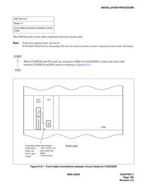 Page 215NDA-24234 CHAPTER 3
Page 185
Revision 3.0
INSTALLATION PROCEDURE
This NAP describes front cable connections between circuit cards.
Note:Protection against static electricity:
A Portable Field Service Grounding Kit must be used to protect system components from static discharge.
Figure 012-1  Front Cable Connections between Circuit Cards for CCIS/ISDN
NAP-200-012
Sheet 1/1
Front Cable Connections between Circuit 
Cards
START
When CCH/DCH and DTI cards are mounted in PIM (For CCIS/ISDN), connect the front...