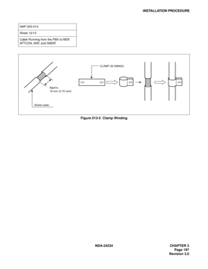 Page 227NDA-24234 CHAPTER 3
Page 197
Revision 3.0
INSTALLATION PROCEDURE
Figure 013-5  Clamp Winding
NAP-200-013
Sheet 12/13
Cable Running from the PBX to MDF, 
ATTCON, MAT, and SMDR
Shield cableApprox. 
18 mm (0.72 inch)CLAMP (M-398902) 