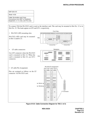 Page 243NDA-24234 CHAPTER 3
Page 213
Revision 3.0
INSTALLATION PROCEDURE
Figure 015-8  Cable Connection Diagram for TAS (1 of 2)
NAP-200-015
Sheet 14/30
Cable Termination and Cross 
Connections from MDF to Peripheral 
Equipment, C. O. Lines, and Tie Lines
PIN
No.
26
27LEAD
NAMEPIN
No.
1
2LEAD
NAME
32
33
34
35
36
37
38
39
40
41
42
43
44
45
46
47
48
49
507
8
9
10
11
12
13
14
15
16
17
18
19
20
21
22
23
24
25 BN4800
BN4820
TA S 1 B
BN4810
TA S 0 B
BN4830
B2
B3BN4801
BN4821
TAS1A
BN4811
TAS0A
BN4831
A2
A3
LT...