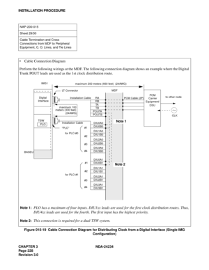 Page 258CHAPTER 3 NDA-24234
Pag e 22 8
Revision 3.0
INSTALLATION PROCEDURE
Figure 015-19  Cable Connection Diagram for Distributing Clock from a Digital Interface (Single IMG 
Configuration)
NAP-200-015
Sheet 29/30
Cable Termination and Cross 
Connections from MDF to Peripheral 
Equipment, C. O. Lines, and Tie Lines
PLO
maximum 100
meters (330 feet)
MDF IMG1
PCM
Carrier
Equipment/
DSU
CLK PCM Cable (2P) LT Connector 
TSW
BASEUto other node
RA
RB
TA
TB
POUTA
POUTB
DIU0A0
DIU0B0
DIU1A0
DIU1B0
DIU2A0
DIU2B0
DIU3A0...