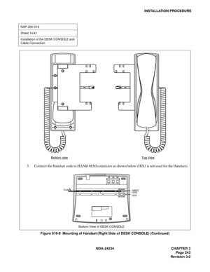 Page 273NDA-24234 CHAPTER 3
Page 243
Revision 3.0
INSTALLATION PROCEDURE
Figure 016-8  Mounting of Handset (Right Side of DESK CONSOLE) (Continued)
NAP-200-016
Sheet 14/41
Installation of the DESK CONSOLE and 
Cable Connection
3. Connect the Handset code to HAND H/S0 connector as shown below (H/S1 is not used for the Handset).
Bottom View of DESK CONSOLE Bottom view
Top View
Code
HAND
H/S0
H/S1 