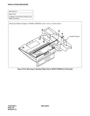 Page 274CHAPTER 3 NDA-24234
Pag e 24 4
Revision 3.0
INSTALLATION PROCEDURE
Figure 016-8  Mounting of Handset (Right Side of DESK CONSOLE) (Continued)
NAP-200-016
Sheet 15/41
Installation of the DESK CONSOLE and 
Cable Connection
Mount the Handset Support to DESK CONSOLE with 3 screws as shown below.
Handset Support
projection projection 