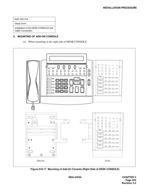 Page 283NDA-24234 CHAPTER 3
Page 253
Revision 3.0
INSTALLATION PROCEDURE
9. MOUNTING OF ADD-ON CONSOLE
(a) When mounting at the right side of DESK CONSOLE
Figure 016-17  Mounting of Add-On Console (Right Side of DESK CONSOLE)
NAP-200-016
Sheet 24/41
Installation of the DESK CONSOLE and 
Cable Connection
L   6
L   5
L   4
L   3
L   2
L   1
1 2 
AB C 3 
DE F 
6 
MNO 5 
JK L 4 
GHI 
9 
WXYZ8 
TU V 7 
PQRS 
# 0 
  
Canc el
Ta lkSRC
Answer
DEST
Re leaseHoldPosition Busy
Position BusyNight   Night  
PAGE REC
Start M...