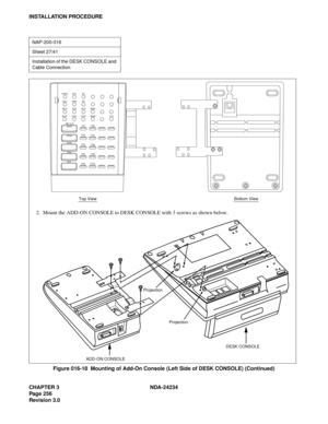 Page 286CHAPTER 3 NDA-24234
Pag e 25 6
Revision 3.0
INSTALLATION PROCEDURE
Figure 016-18  Mounting of Add-On Console (Left Side of DESK CONSOLE) (Continued)
NAP-200-016
Sheet 27/41
Installation of the DESK CONSOLE and 
Cable Connection
TRKSL SVC SC
DDC
WUS
WURDDRRCRMWRSTS
DDSRCSMWS
HWS BV
MR CLR
TG1
TG6
TG7
TG8
TG9
TG10TG5
TG4
TG3
TG2
Enter
Clear
Exit
Top ViewBottom View
2.  Mount the ADD-ON CONSOLE to DESK CONSOLE with 3 screws as shown below.
Projection
Projection
DESK CONSOLE
ADD-ON CONSOLE 