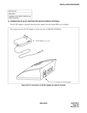 Page 287NDA-24234 CHAPTER 3
Page 257
Revision 3.0
INSTALLATION PROCEDURE
10. CONNECTION OF AC-DC ADAPTER FOR ADD-ON CONSOLE (OPTIONAL)
The AC-DC adapter is required when the power supply from the distant PBX is not available.
Figure 016-19  Connection of AC-DC Adapter for Add-On Console
NAP-200-016
Sheet 28/41
Installation of the DESK CONSOLE and 
Cable Connection
The connector for the AC-DC adapter is on the rear side of ADD-ON CONSOLE.
AC-DC Adapter (  )
Connector for AC-DC Adapter 