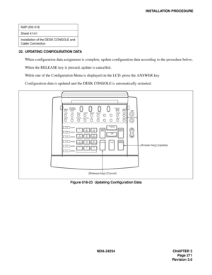 Page 301NDA-24234 CHAPTER 3
Page 271
Revision 3.0
INSTALLATION PROCEDURE
22. UPDATING CONFIGURATION DATA
When configuration data assignment is complete, update configuration data according to the procedure below.
When the RELEASE key is pressed, update is cancelled.
While one of the Configuration Menu is displayed on the LCD, press the ANSWER key.
Configuration data is updated and the DESK CONSOLE is automatically restarted.
Figure 016-23  Updating Configuration Data
NAP-200-016
Sheet 41/41
Installation of the...