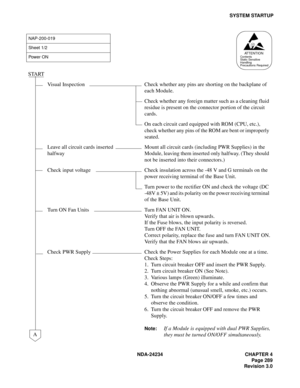 Page 319NDA-24234 CHAPTER 4
Page 289
Revision 3.0
SYSTEM STARTUP
NAP-200-019
Sheet 1/2
Powe r  ON
START
Visual Inspection Check whether any pins are shorting on the backplane of 
each Module.
Check whether any foreign matter such as a cleaning fluid 
residue is present on the connector portion of the circuit 
cards.
On each circuit card equipped with ROM (CPU, etc.), 
check whether any pins of the ROM are bent or improperly 
seated.
Leave all circuit cards inserted 
halfwayMount all circuit cards (including PWR...