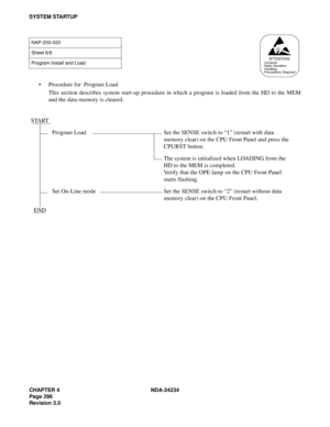 Page 326CHAPTER 4 NDA-24234
Page 296
Revision 3.0
SYSTEM STARTUP
Procedure for  Program Load
This section describes system start-up procedure in which a program is loaded from the HD to the MEM
and the data memory is cleared.
NAP-200-020
Sheet 6/6
Program Install and Load
START
Program Load Set the SENSE switch to “1” (restart with data 
memory clear) on the CPU Front Panel and press the 
CPURST button.
The system is initialized when LOADING from the 
HD to the MEM is completed.
Verify that the OPE lamp on the...