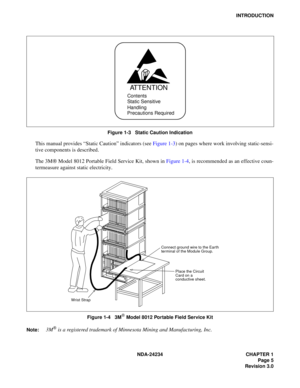 Page 35NDA-24234 CHAPTER 1
Page 5
Revision 3.0
INTRODUCTION
Figure 1-3   Static Caution Indication
This manual provides “Static Caution” indicators (see Figure 1-3) on pages where work involving static-sensi-
tive components is described.
The 3M
 Model 8012 Portable Field Service Kit, shown in Figure 1-4, is recommended as an effective coun-
termeasure against static electricity.
Figure 1-4   3M Model 8012 Portable Field Service Kit
Note:
3M is a registered trademark of Minnesota Mining and Manufacturing,...