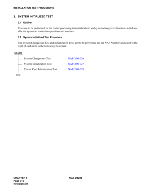 Page 342CHAPTER 5 NDA-24234
Pag e 31 2
Revision 3.0
INSTALLATION TEST PROCEDURE
3. SYSTEM INITIALIZED TEST
3.1 Outline
Tests are to be performed on the restart processing (reinitialization) and system changeover functions which en-
able the system to restart its operations and services.
3.2 System Initialized Test Procedure
The System Changeover Test and Initialization Tests are to be performed per the NAP Numbers indicated to the
right of each item in the following flowchart.
START
System Changeover...