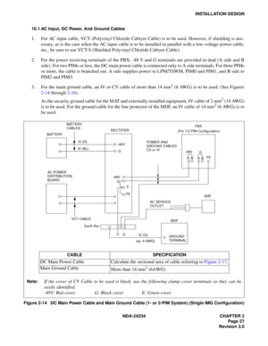 Page 57NDA-24234 CHAPTER 2
Page 27
Revision 3.0
INSTALLATION DESIGN
10.1 AC Input, DC Power, And Ground Cables
1. For AC input cable, VCT (Polyvinyl Chloride Cabtyre Cable) is to be used. However, if shielding is nec-
essary, as is the case when the AC input cable is to be installed in parallel with a low-voltage power cable,
etc., be sure to use VCT-S (Shielded Polyvinyl Chloride Cabtyre Cable).
2. For the power receiving terminals of the PBX, -48 V and G terminals are provided in dual (A side and B
side). For...