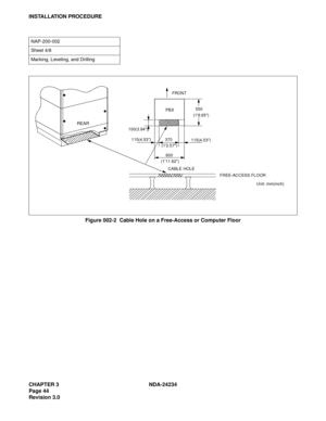 Page 74CHAPTER 3 NDA-24234
Page 44
Revision 3.0
INSTALLATION PROCEDURE
Figure 002-2  Cable Hole on a Free-Access or Computer Floor
NAP-200-002
Sheet 4/8
Marking, Leveling, and Drilling
REAR
FRONT
PBX
CABLE HOLE
FREE-ACCESS FLOOR
Unit: mm(inch) 100(3.94)
115(4.53)    370
(12.57)
  550
(19.65)
    600
(111.62)115(4.53) 