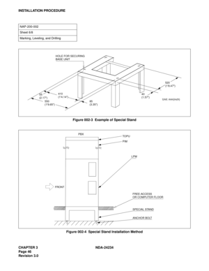 Page 76CHAPTER 3 NDA-24234
Page 46
Revision 3.0
INSTALLATION PROCEDURE
Figure 002-3  Example of Special Stand
Figure 002-4  Special Stand Installation Method
NAP-200-002
Sheet 6/8
Marking, Leveling, and Drilling
520
(18.47)
40
(1.57)
85
(3.35) 410
(14.14)
550
(19.65) 55
(2.17)
HOLE FOR SECURING
BASE UNIT
Unit: mm(inch)
FRONTPBX
TOPU
PIM
LPM
FREE-ACCESS
OR COMPUTER FLOOR
SPECIAL STAND
ANCHOR BOLT 