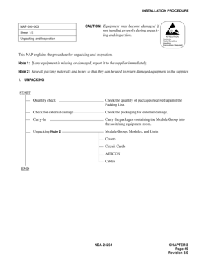 Page 79NDA-24234 CHAPTER 3
Page 49
Revision 3.0
INSTALLATION PROCEDURE
This NAP explains the procedure for unpacking and inspection.
Note 1:If any equipment is missing or damaged, report it to the supplier immediately.
Note 2:Save all packing materials and boxes so that they can be used to return damaged equipment to the supplier.
1. UNPACKING
NAP-200-003
Sheet 1/2
Unpacking and Inspection
START
Quantity check Check the quantity of packages received against the 
Packing List.
Check for external damage Check the...