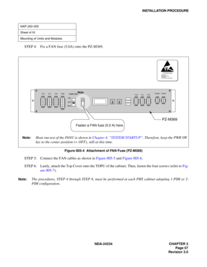 Page 87NDA-24234 CHAPTER 3
Page 57
Revision 3.0
INSTALLATION PROCEDURE
STEP 4: Fix a FAN fuse (5.0A) onto the PZ-M369.
Figure 005-4  Attachment of FAN Fuse (PZ-M369)
STEP 5: Connect the FAN cables as shown in Figure 005-5 and Figure 005-6.
STEP 6: Lastly, attach the Top Cover onto the TOPU of the cabinet. Then, fasten the four screws (refer to Fig-
ure 005-7).
Note:The procedures, STEP 4 through STEP 6, must be performed at each PBX cabinet adopting 1-PIM or 2-
PIM configuration.
NAP-200-005
Sheet 4/16
Mounting...